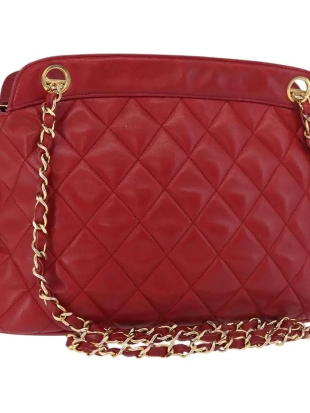 CHANEL Matelasse Chain Shoulder Bag Lamb Skin Red Gold CC Auth 187646